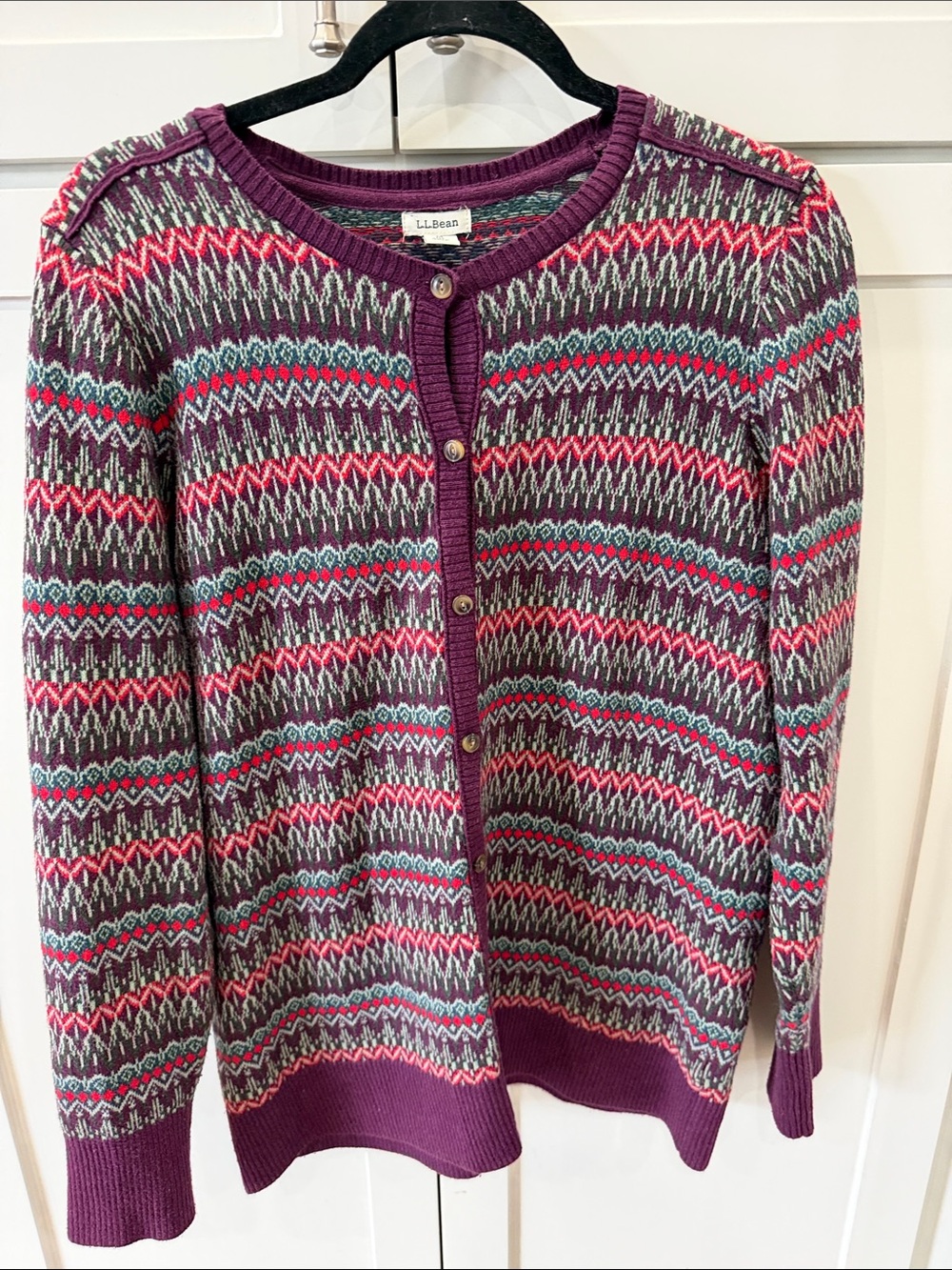 L.L. Bean Women's Purple Patterned Button-Front Sweater